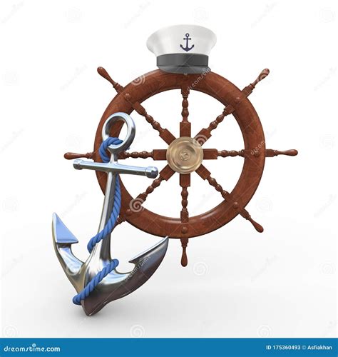 D Captain Cap On Wooden Ship Steering Wheel And Steel Anchor Rope