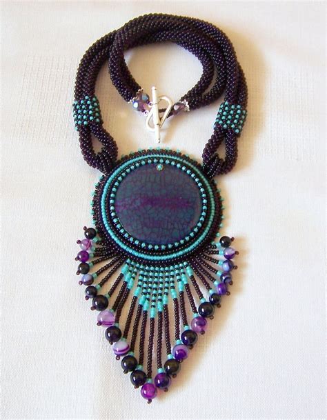 Bead Embroidery Necklace Pendant Beadwork Necklace With Agate Etsy