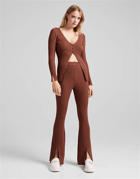 Bershka Knitted Cardigan And Flare Trouser Co Ord In Chocolate Asos