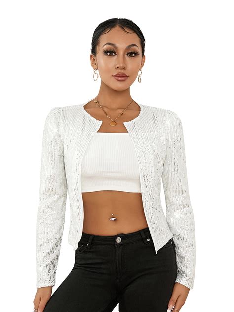 Centuryx Women Sequin Jacket Long Sleeve Cropped Zipper Up Party Glitter Bomber Sparkly Jackets