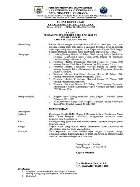 1 Sk Pembagian Tugas Piket Sman 1 Sendana 2021 2022 Pdf