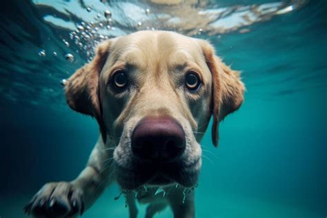 Labrador retriever nadando debaixo d água na piscina olhando para a