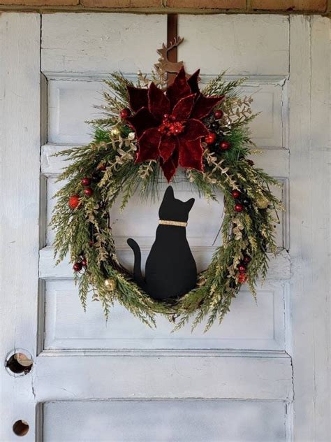 Christmas Cat Wreath W Red Poinsettia Winter Wreath Porch Decor Seasonal Front Door Hanging