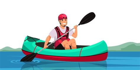 Premium Vector Man Sitting In Canoe And Holding Paddle Cheerful Guy