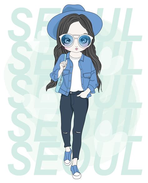 Hand Drawn Cute Girl Wearing Blue With Seoul Typography 675946 Vector