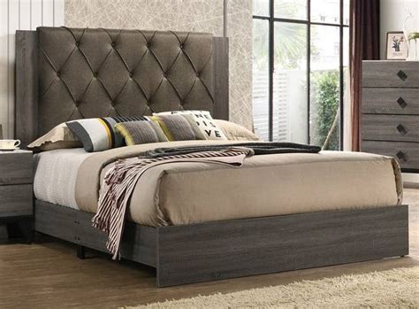 Kristine Grey Fabricbrownish Grey Wood Queen Bed Aetna Stores
