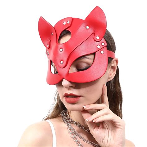 Uaang Punk Women Sexy Leather Red Cat Mask Bdsm Fetish Cat Head Cosplay