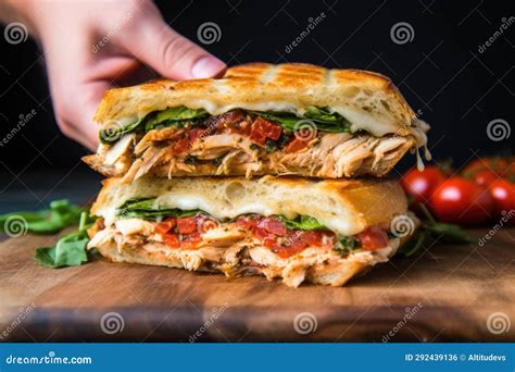 Hand Pressing Chicken Grilled Sandwich With A Brick Stock Illustration