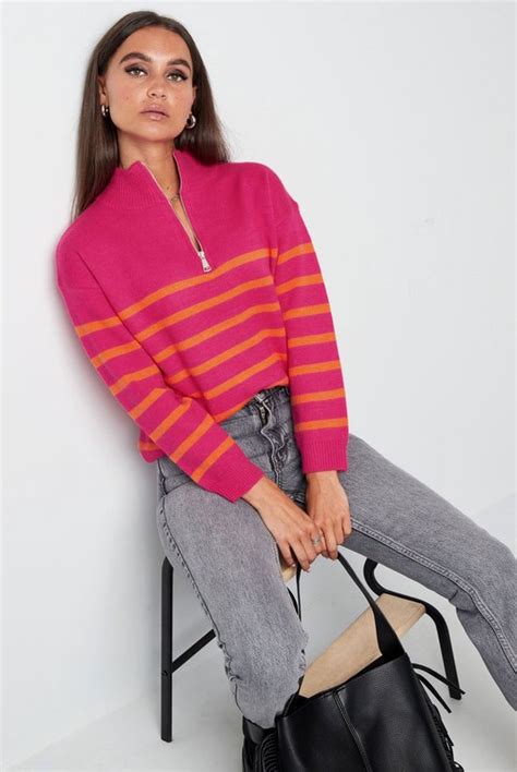 Gebreide Trui Strepen Met Rits Roze Nieuwe Collectie Herfstwinter Dames Bol