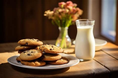 Premium AI Image A Plate Of Cookies And Milk Sits On A Table With A