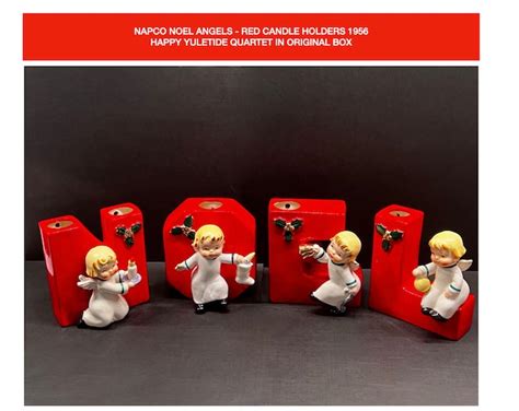 Napco Noel Angels Red Letter Candleholders Happy Yuletide Quartet