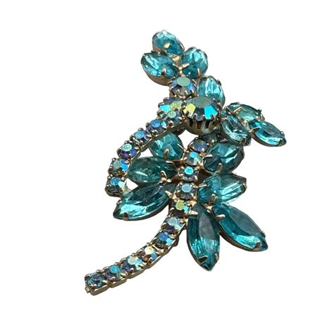 Aqua Blue Aurora Borealis Rhinestones Brooch Vintage Gem
