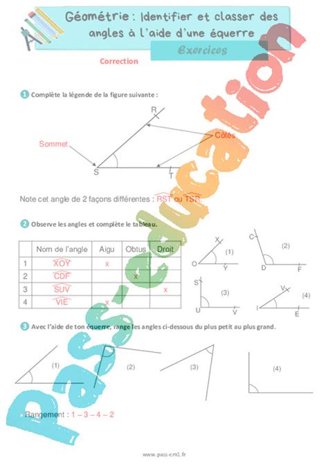 Identifier Et Classer Des Angles à Laide Dune équerre Exercices De Géométrie Pour Le Cm1