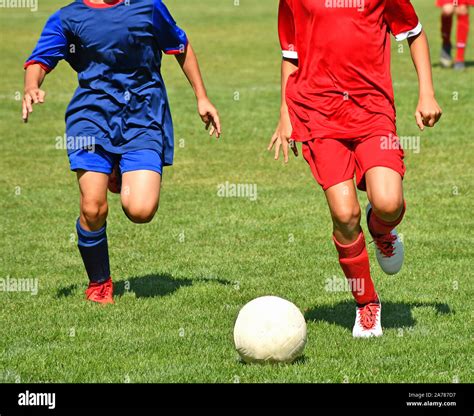 Kids are playing soccer outdoor in summer time Stock Photo - Alamy