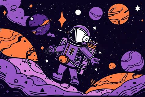 Vibrant Illustration Of A Whimsical Astronaut In Space With Colorful