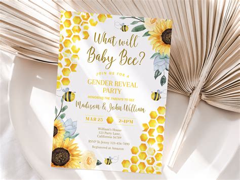 Bee Gender Reveal Invitation Editable Template Instant Off