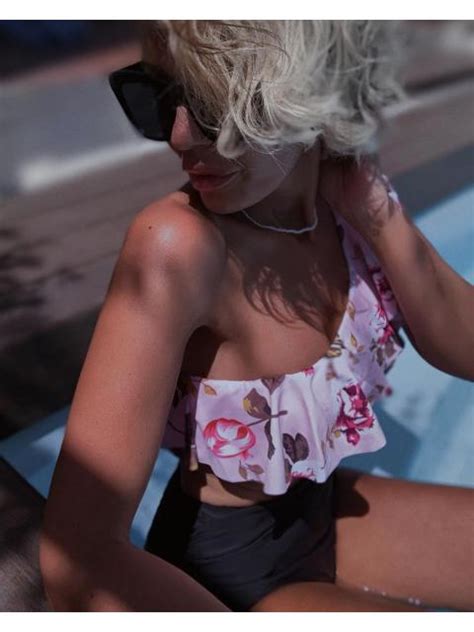 Floral Ruched Ruffle One Shoulder High Waist Two Piece Bikini Set WalkOnBeach