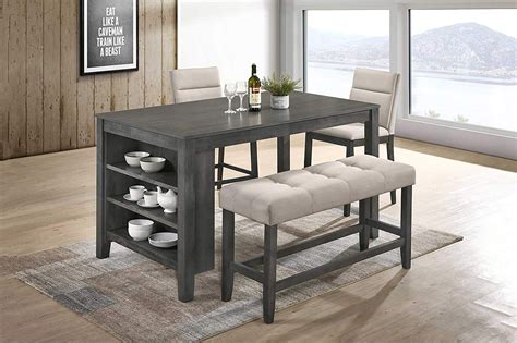 Rustic Grey 4 Piece Counter Height Dining Set with 3 Shelf Storage – Fully Furnished