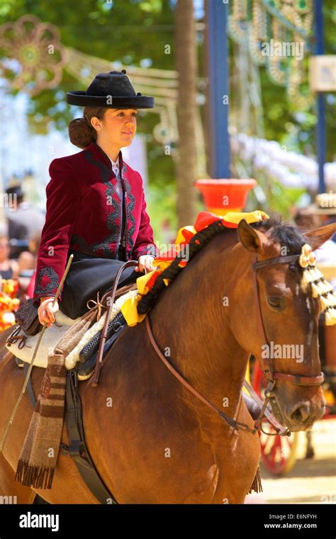 Girl On Horse In Traditional Spanish Costume Annual Horse Fair Jerez