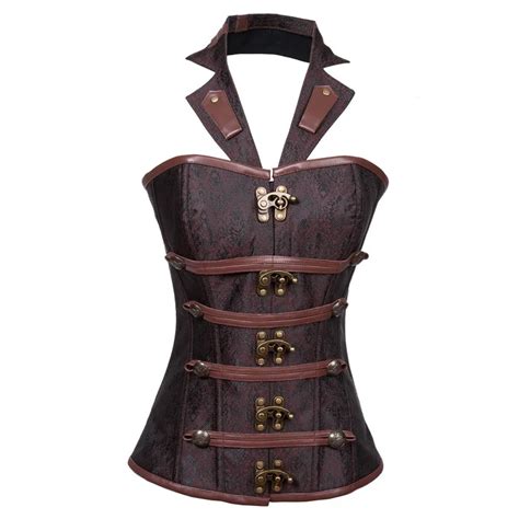 Gothic Steampunk Clothing Brown Brocade Halter Neck Overbust