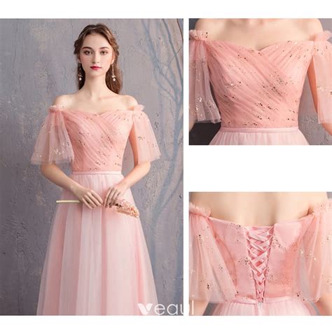 Discount Pearl Pink Bridesmaid Dresses 2019 A Line Princess Off The