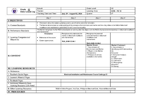 Week 1 12 1q Stdk Daily Lesson Log For Eim 12 Grade 12 Daily Lesson Log School Grade