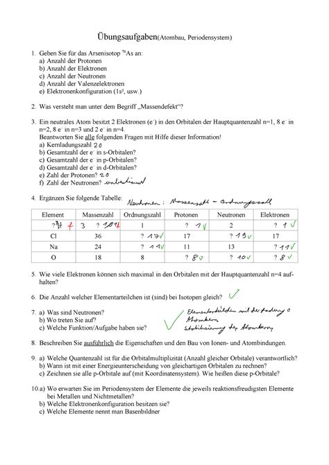 Aufgabenblatt AC I 1 Übung Übungsaufgaben Atombau Periodensystem