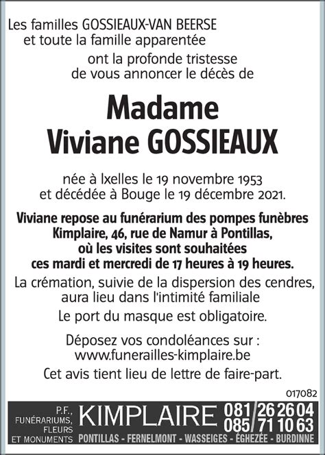 Avis de décès de Viviane GOSSIEAUX décédé le 19 12 2021 à Bouge