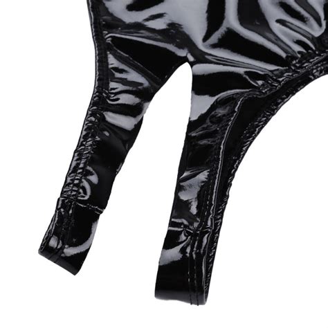 Damen Lingerie Wetlook Kunstleder Mini Briefs Slips Schritt Offen