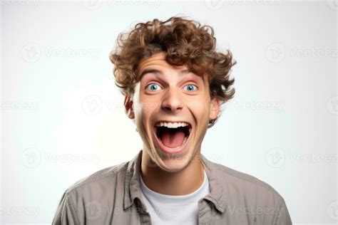 Laughing Young White Man With Curly Hair And Blue Eyes Man Smiled