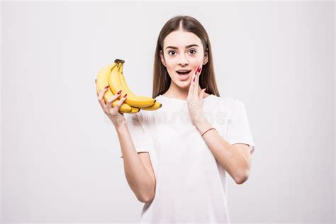 Beautiful Young Woman With Bananas On White Background Health Concept