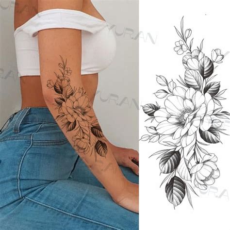 Black Large Snake Flower Fake Tattoo Sticker For Women Dot Rose Peony