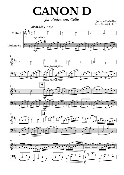 Canon In D For Violin And Cello Arr Mauricio Luz By Johann Pachelbel