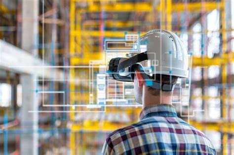 A Construction Worker Wearing A Hard Hat Uses A Virtual Reality Headset