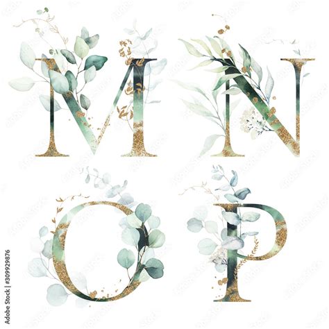 Gold Green Floral Alphabet Set Letters M N O P With Green Leaves