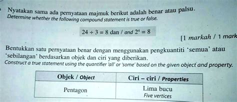 SOLVED Nyatakan Sama Ada Pernyataan Majmuk Berikut Adalah Benar Atau