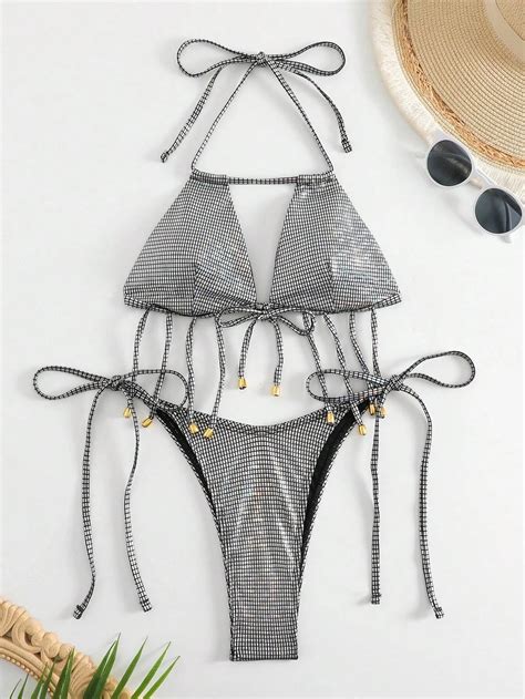 Ba Ador Bikini Con Lentejuelas Halter Con Cord N Lateral Moda De