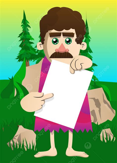 Cartoon Prehistoric Man Holding White Paper And Pointing At It