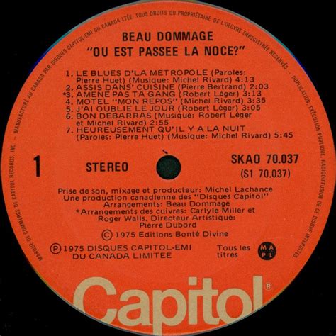 Où est passée la noce 1975 Beau Dommage