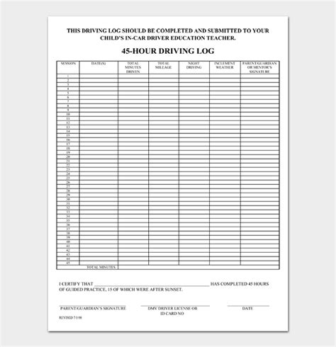 30 Hour Driving Log Texas Printable