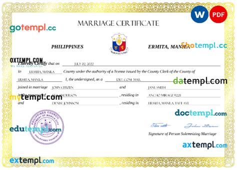 Philippines Marriage Certificate Word And Pdf Template Completely Editable Download At