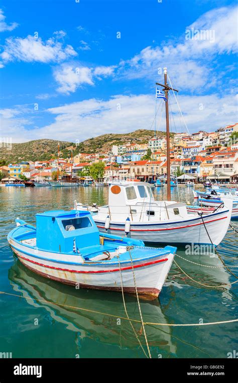 Traditional Colourful Greek Fishing Boats In Pythagorion Port Samos