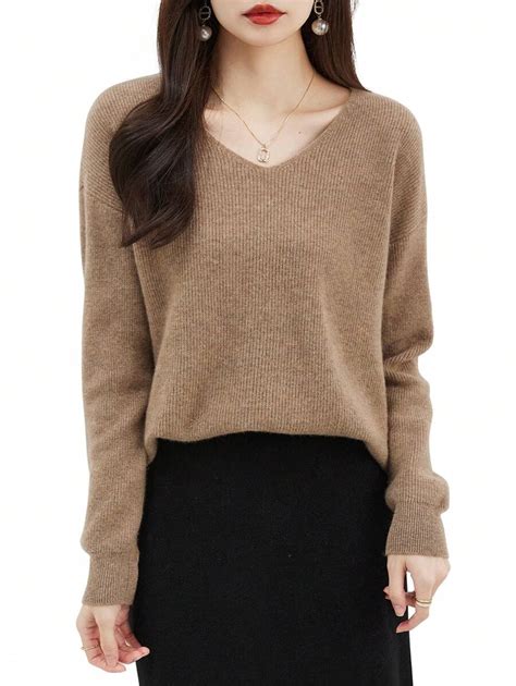 Liny Xin Womens 100 Merino Wool V Neck Sweater 2024 Fall Winter Pullover Long Sleeve Knit