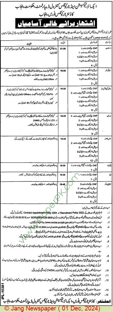 Driver Jobs In Lahore At Excise Taxation Narcotics Control Department