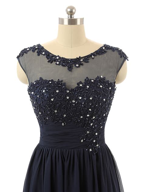 Navy Blue Floor Length Chiffon A Line Prom Dress Featuring Lace