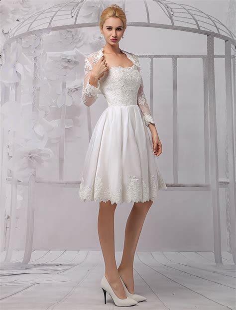 Knee Length Satin And Lace Wedding Dress With Lace Long Sleeve Wrap