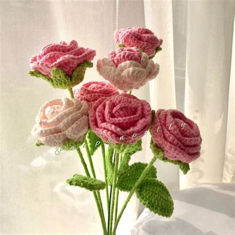 Pretty Pink Rose Crochet Flower Bouquet For Mother Gift For Sale