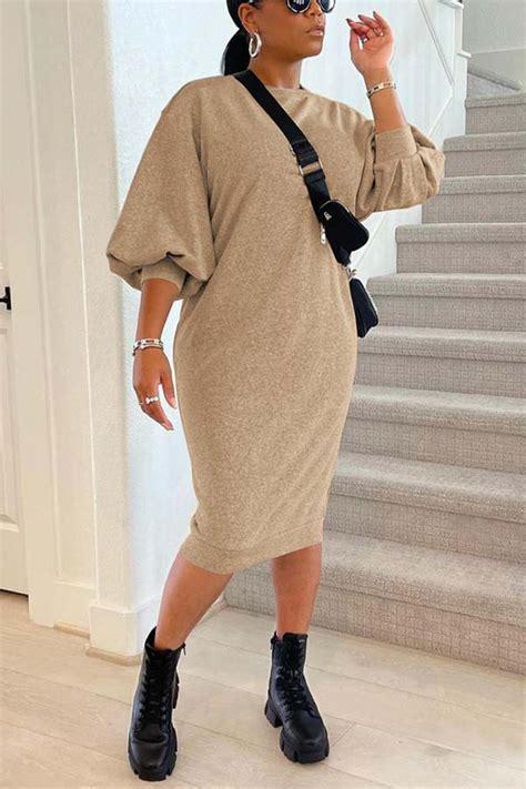 Fashion Solid Color Lantern Sleeve Dress Rodressonline