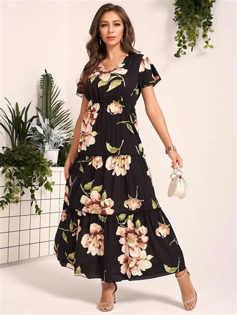 Womens Aline Dress Floral Pattern Short Sleeve V Neck Maxi Long Dress