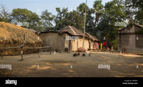 Rural Indian Village In Bankura West Bengal With Mud Huts Poultry And